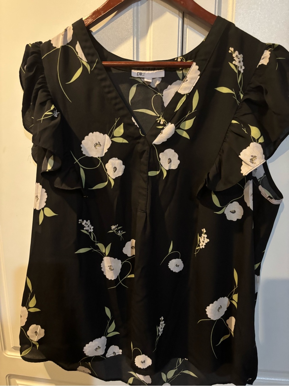 DR2 Black Floral Scoop Neck Blouse with White Blooms